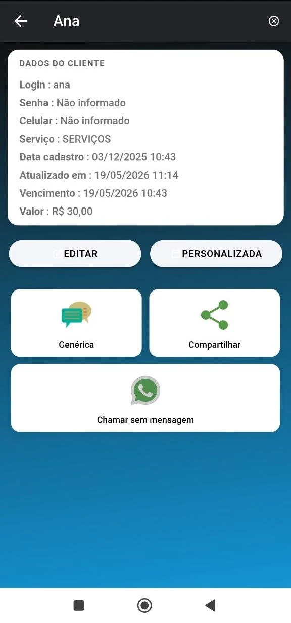 Tela de detalhes do cliente no Nuax CRM com opções de cobrança via WhatsApp