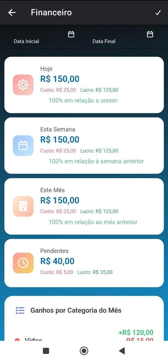 Resumo financeiro do dia, semana e mês no Nuax CRM