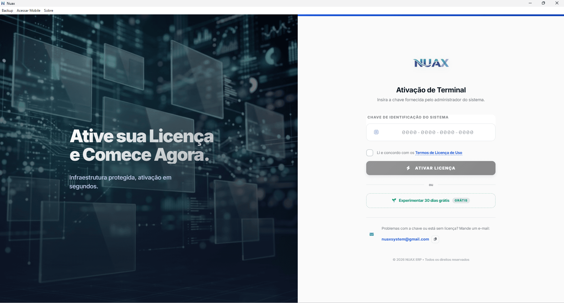 Tela de ativação do NUAX mostrando o botão Experimentar 30 dias grátis