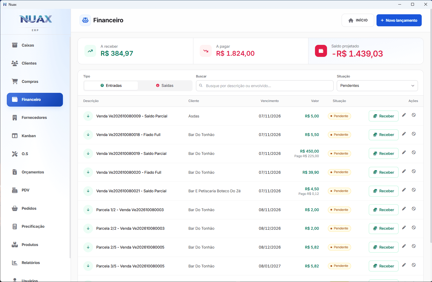 Módulo Financeiro do NUAX ERP — contas a pagar e a receber com saldo projetado