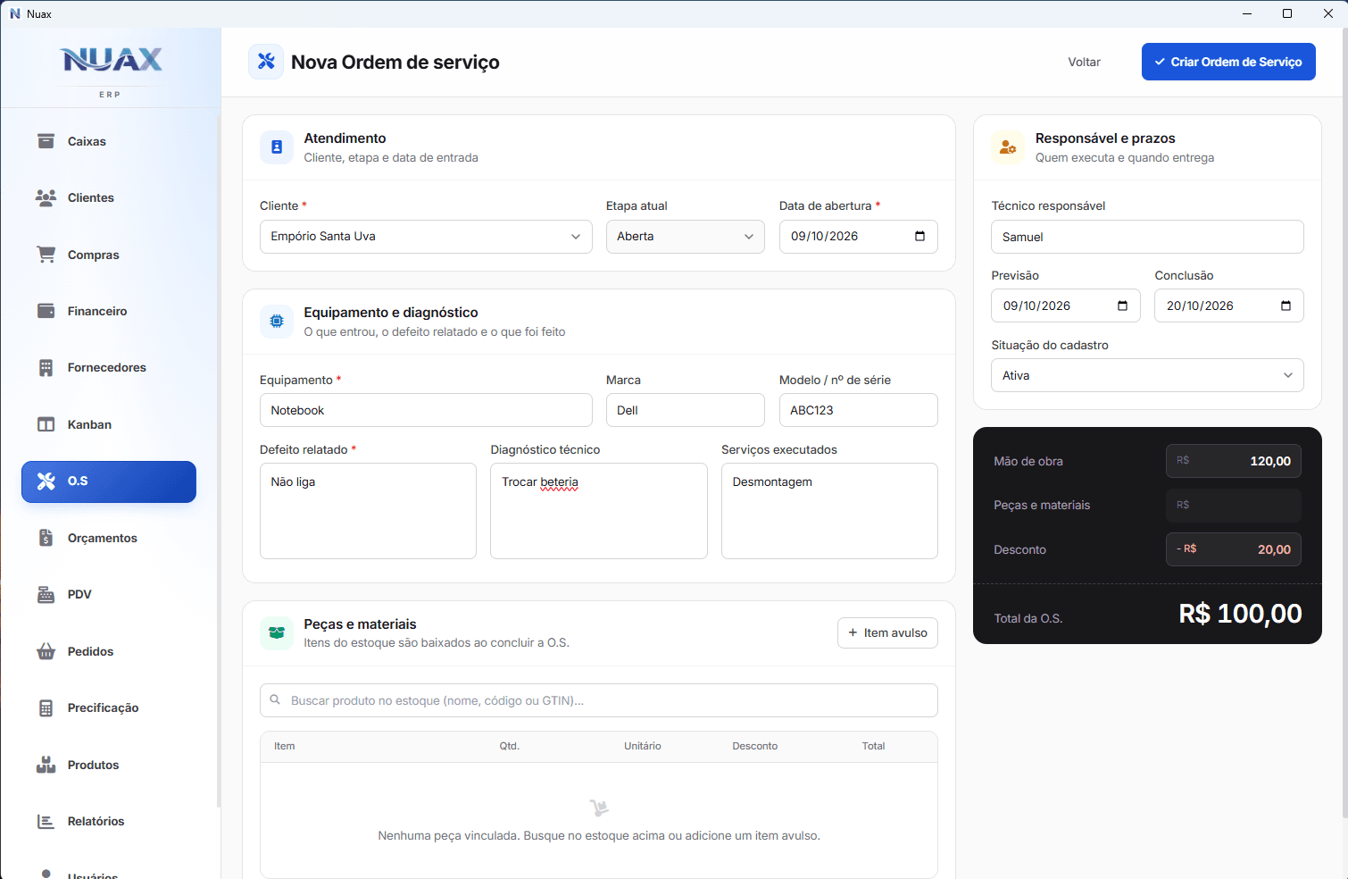 Tela de ordem de serviço do NUAX ERP com equipamento, diagnóstico e total da OS