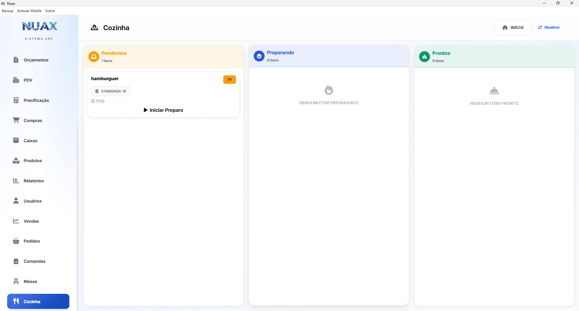 Painel KDS da cozinha — Monitor de pedidos em tempo real NUAX ERP